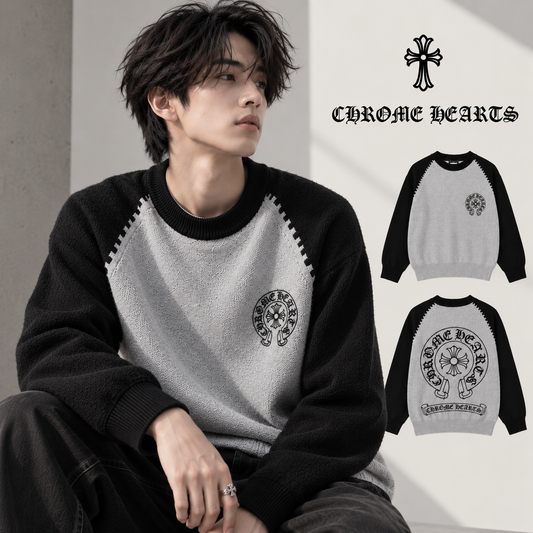 Chrome Hearts クロムハーツ 秋冬新款 拼接ニットセーター 黒灰カラー - Image 1