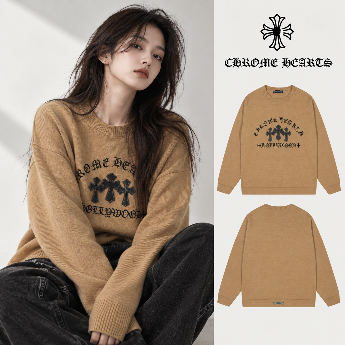 Chrome Hearts クロムハーツ 十字架レザー五金刺繍 クルーネックセーター レッド/ブラウン/ブラック - Image 1
