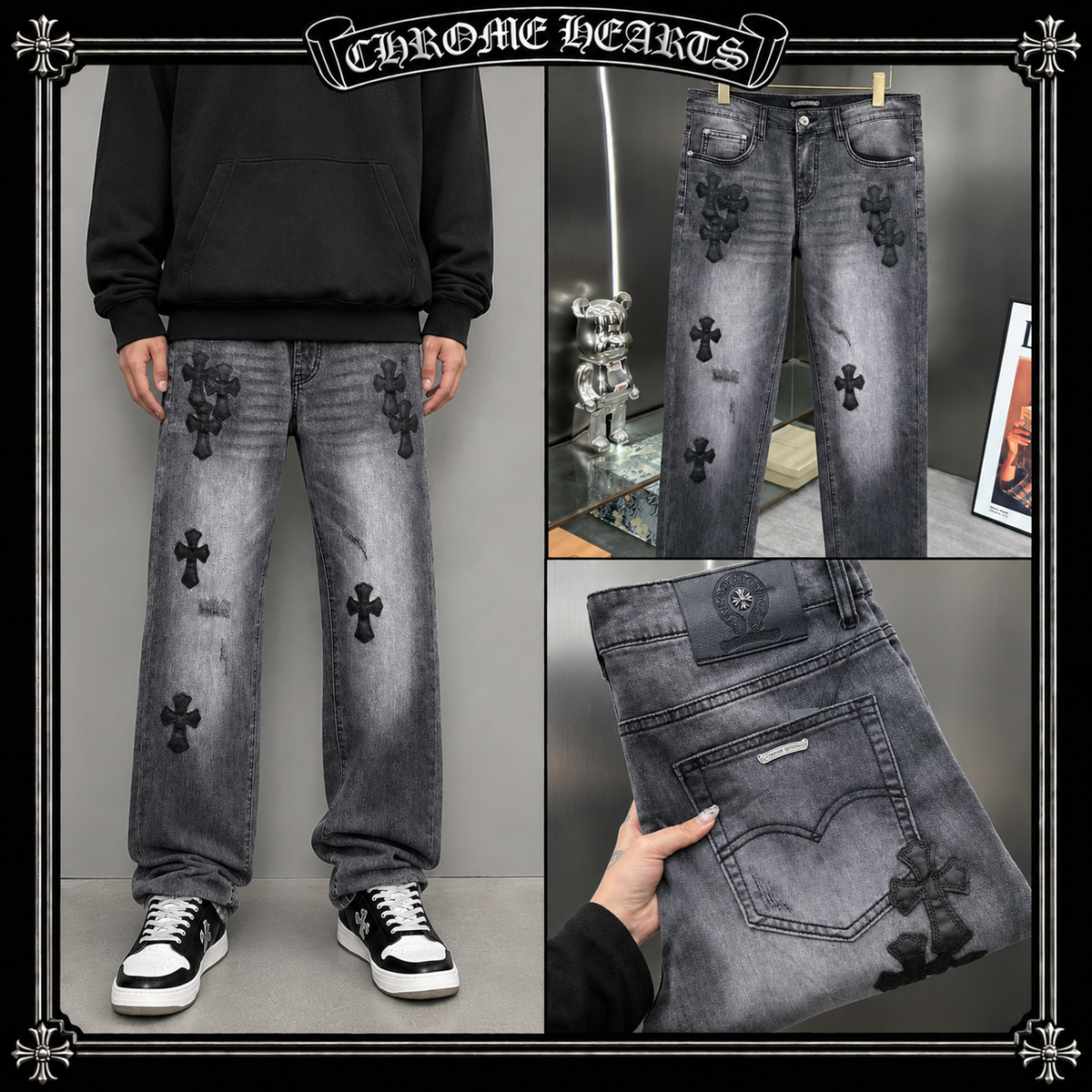 CHROME HEARTS クロムハーツ クロスレザーパッチ デニムパンツ スモークグレー ウォッシュド