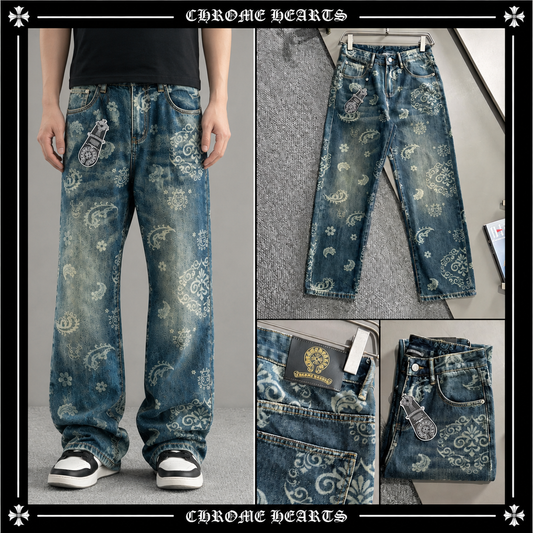 CHROME HEARTS クロムハーツ ストレート デニムパンツ ウォッシュドブルー ペイズリー柄