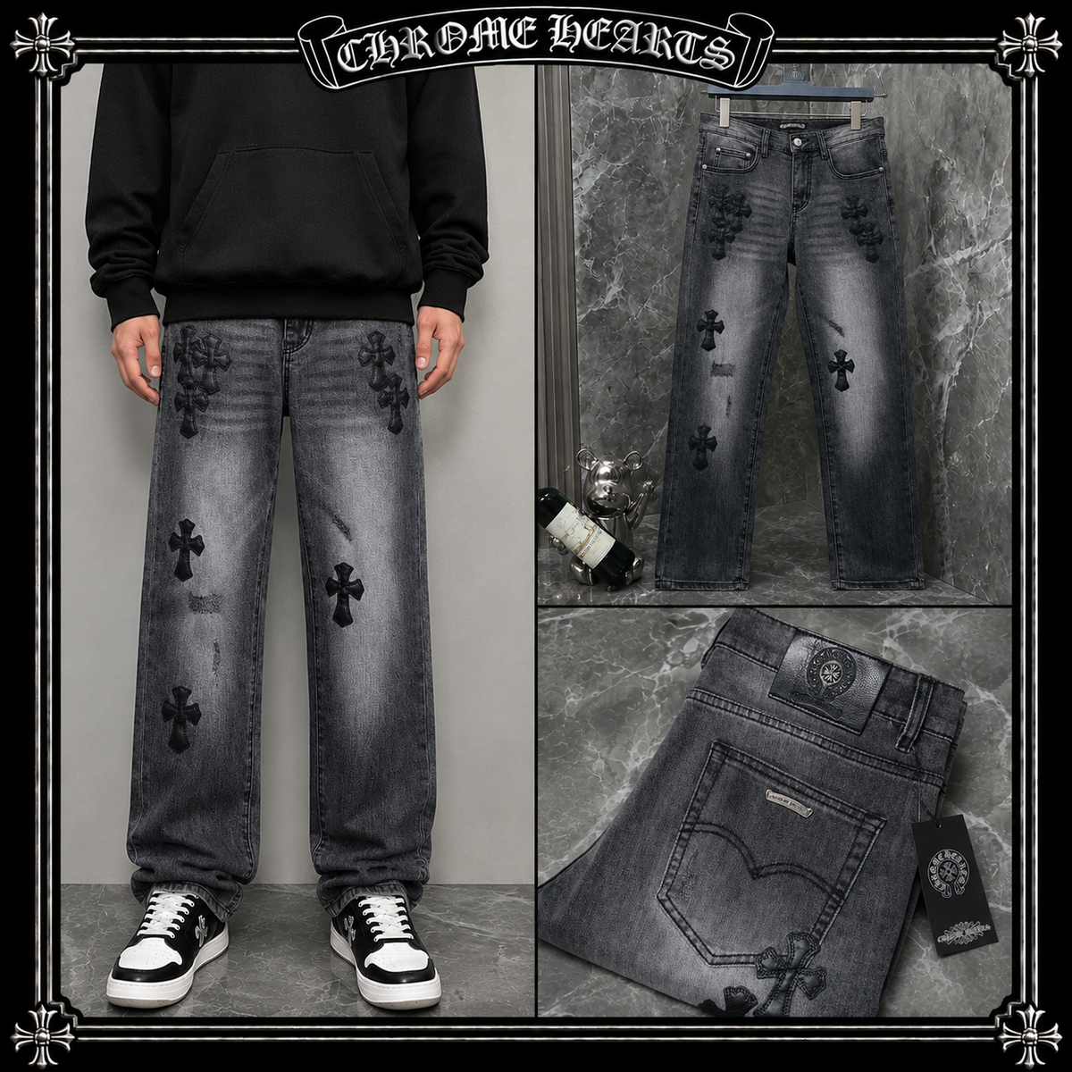 CHROME HEARTS クロムハーツ 9881 スリムストレート デニムパンツ サンドウォッシュ スモークグレー メンズ