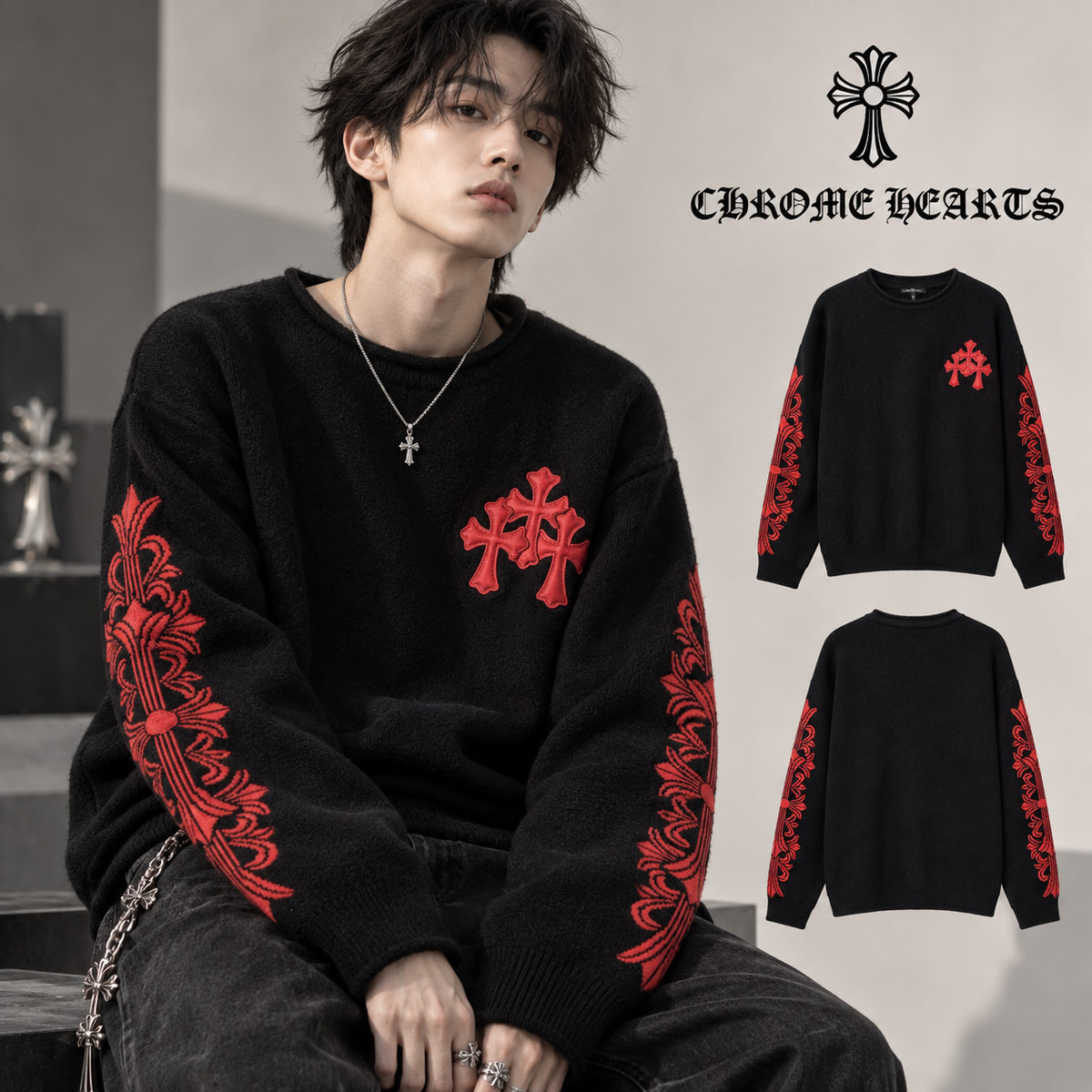 CHROME HEARTS クロムハーツ 秋冬 レッドクロス エナメルレザー刺繍 ニットセーター ブラック - Image 1