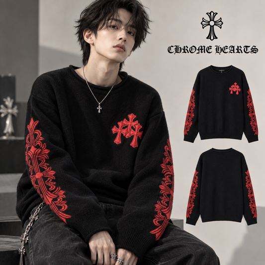 CHROME HEARTS クロムハーツ 秋冬 レッドクロス エナメルレザー刺繍 ニットセーター ブラック - Image 1