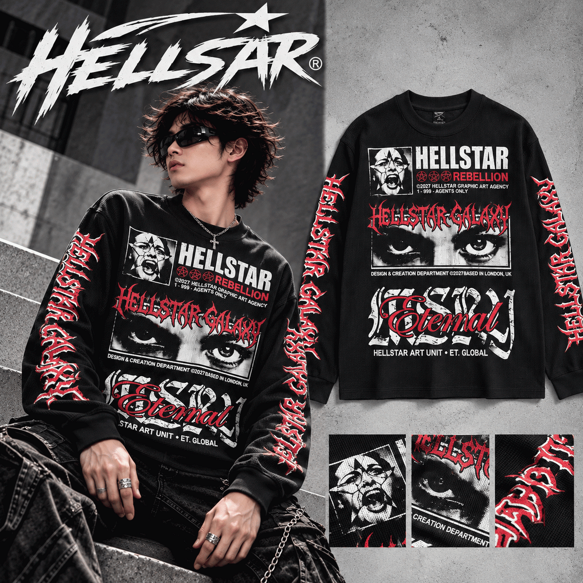 HELLSTAR ヘルスター アメリカンヴィンテージ ワッフル生地 長袖Tシャツ 233 ブラック