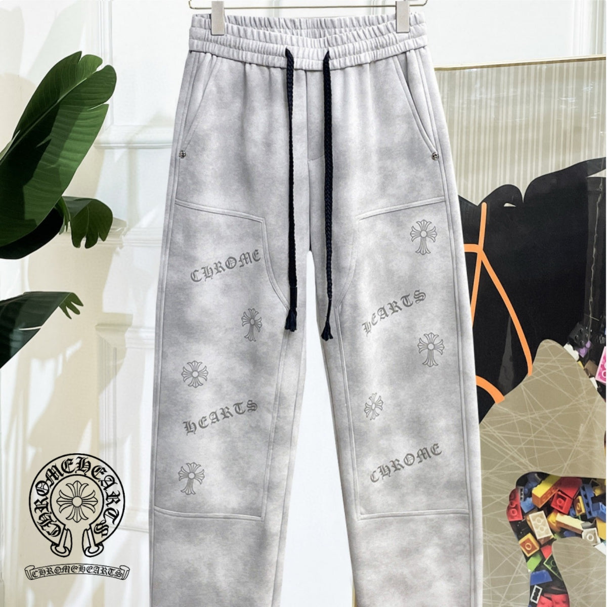CHROME HEARTS クロムハーツ サイドロゴ クロスモチーフ イージーパンツ ライトグレー ドローコード