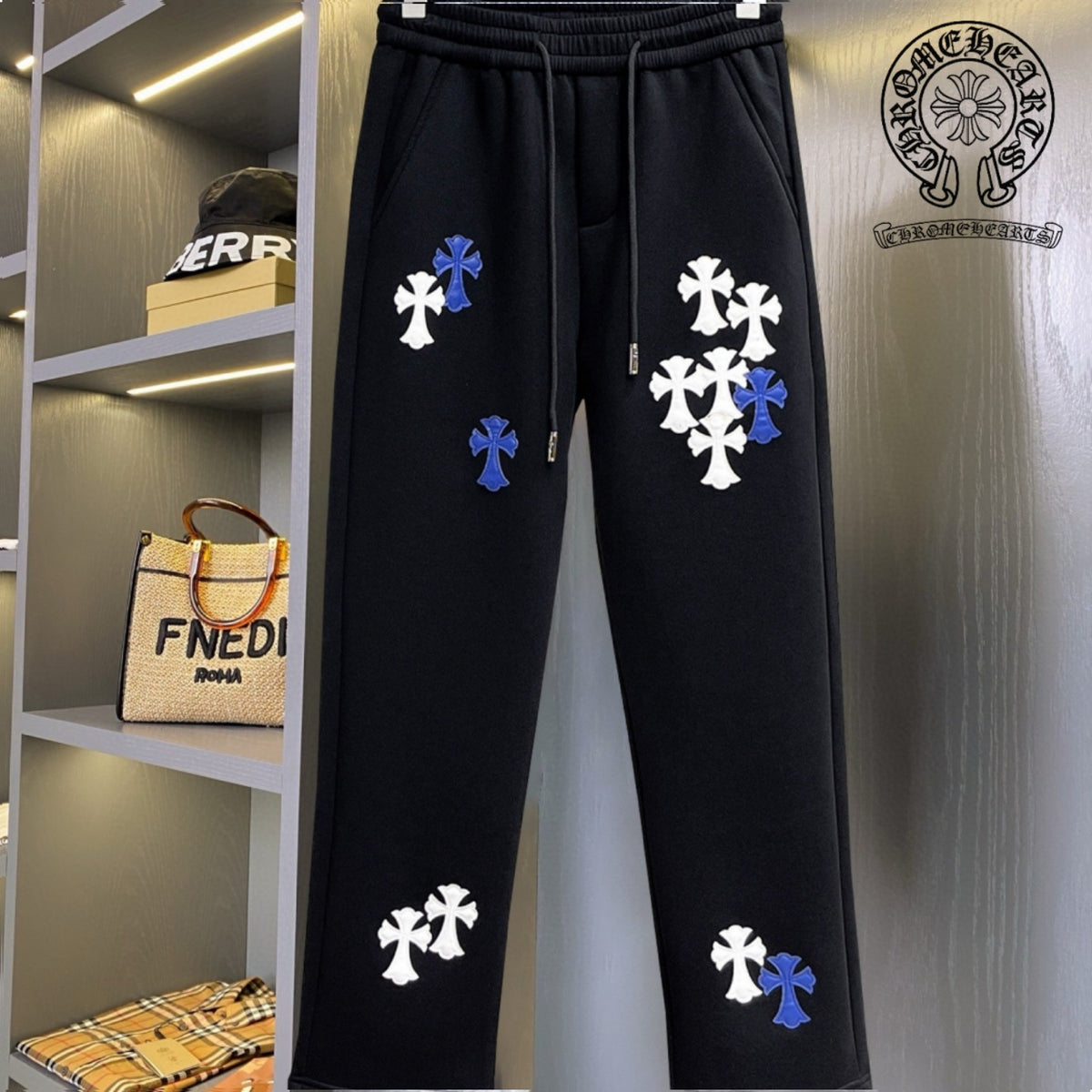 CHROME HEARTS クロムハーツ ホワイト＆ブルー クロス イージーパンツ ブラック リラックスフィット