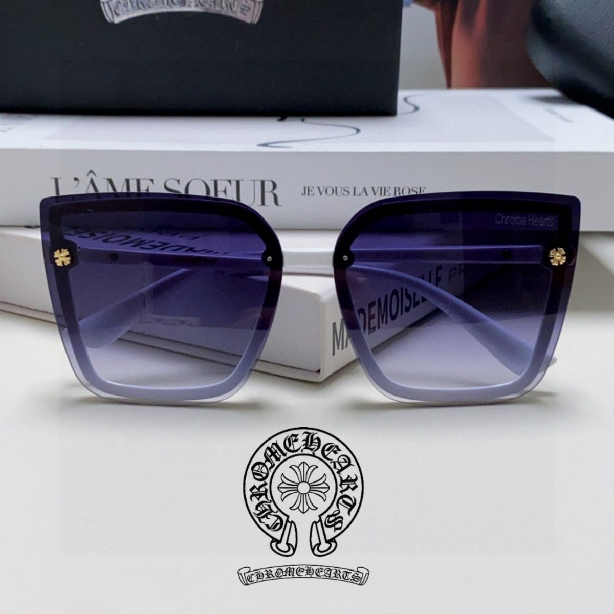 CHROME HEARTS クロムハーツ サングラス 偏光レンズ オーバーサイズスクエア ホワイトフレーム×パープルグラデーション レディース T-EW-SG01-CH-17549