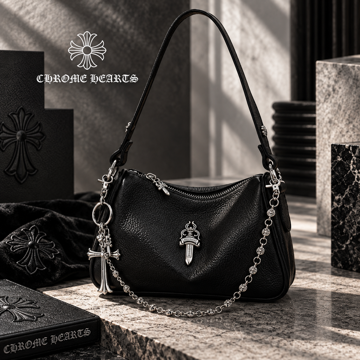CHROME HEARTS クロムハーツ カーフレザー ホーボーバッグ ブラック レザーバッグ メンズ レディース CH2003