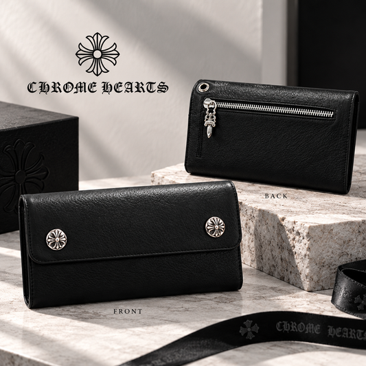 CHROME HEARTS クロムハーツ ウェーブウォレット クロスボタン ブラック ヘビーレザー 長財布 レザーウォレット 財布 メンズ レディース CH2010