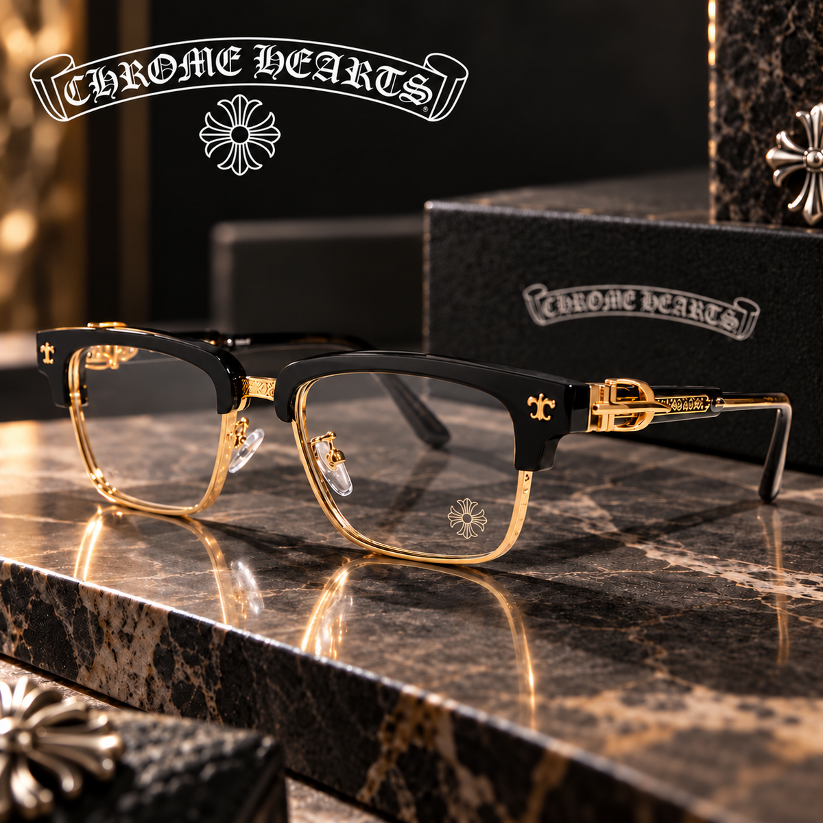 CHROME HEARTS クロムハーツ ブラック＆ゴールド ブローライン メガネ