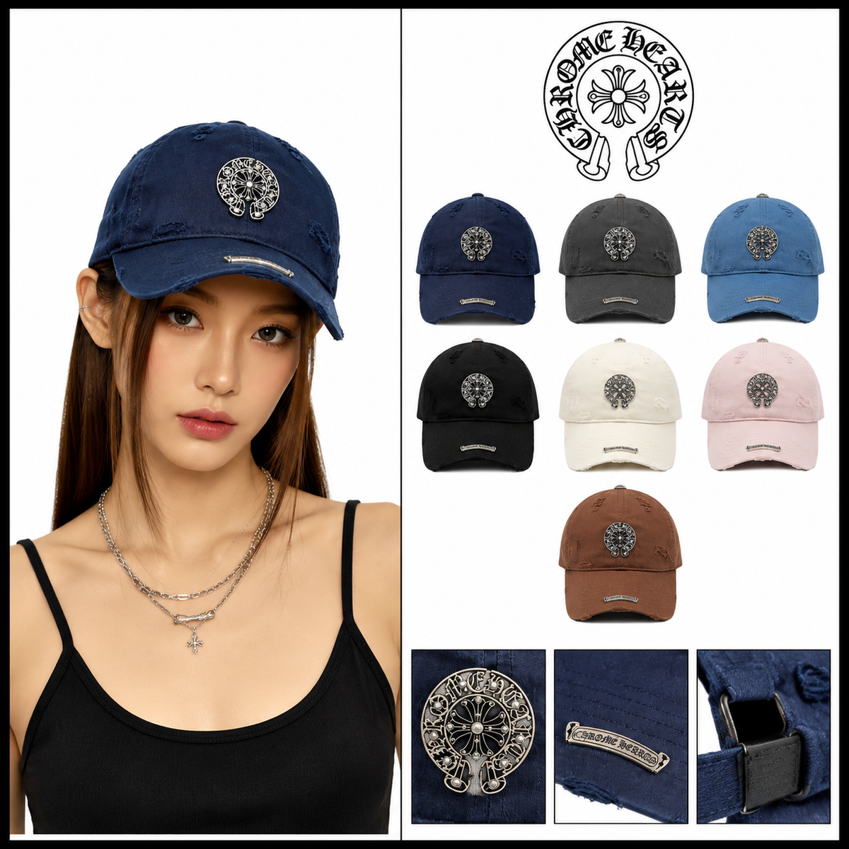 Chrome Hearts クロムクロスメタルバッジ ディストレスハーツ&アウォッシュベースボールキャップ - 商品画像 1