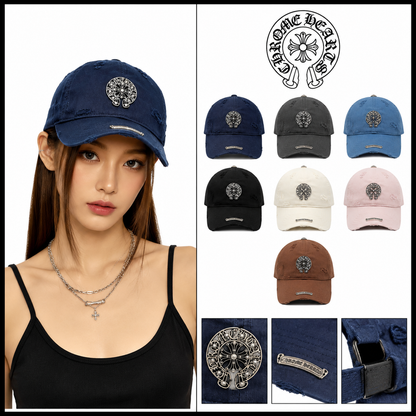 Chrome Hearts クロムクロスメタルバッジ ディストレスハーツ&アウォッシュベースボールキャップ - 商品画像 1