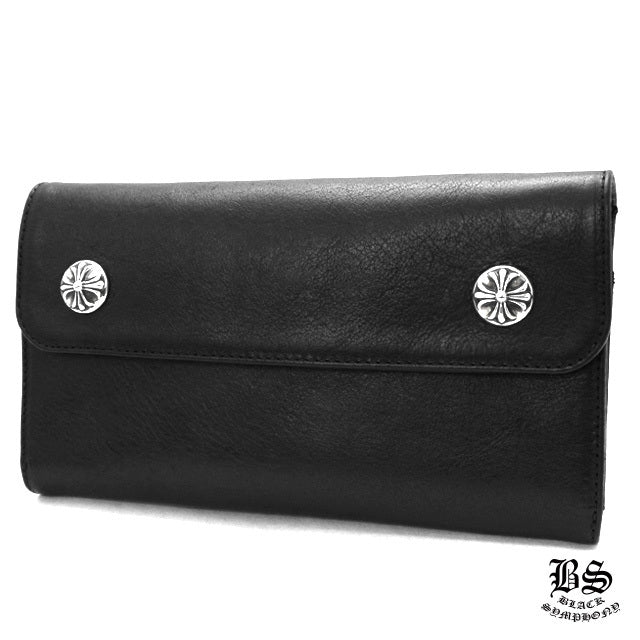 CHROME HEARTS クロムハーツ ウェーブウォレット クロスボタン ブラック ヘビーレザー 長財布 レザーウォレット 財布 メンズ レディース CH2010