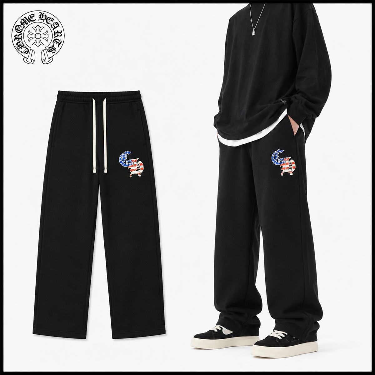 CHROME HEARTS クロムハーツ ゴシックロゴ 星条旗刺繍 ヘビーウェイト スウェットパンツ ブラック 420g