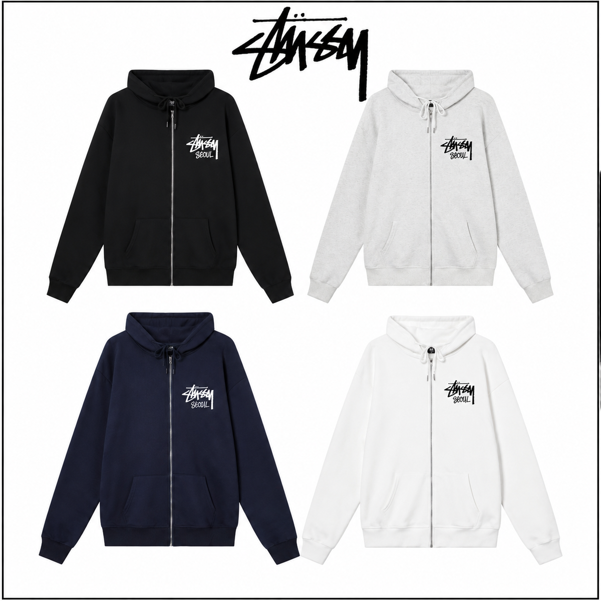 STUSSY スタシー ソウルシティ限定 プリント 男女兼用 フード付きフルジップ スウェット HN330 カラー