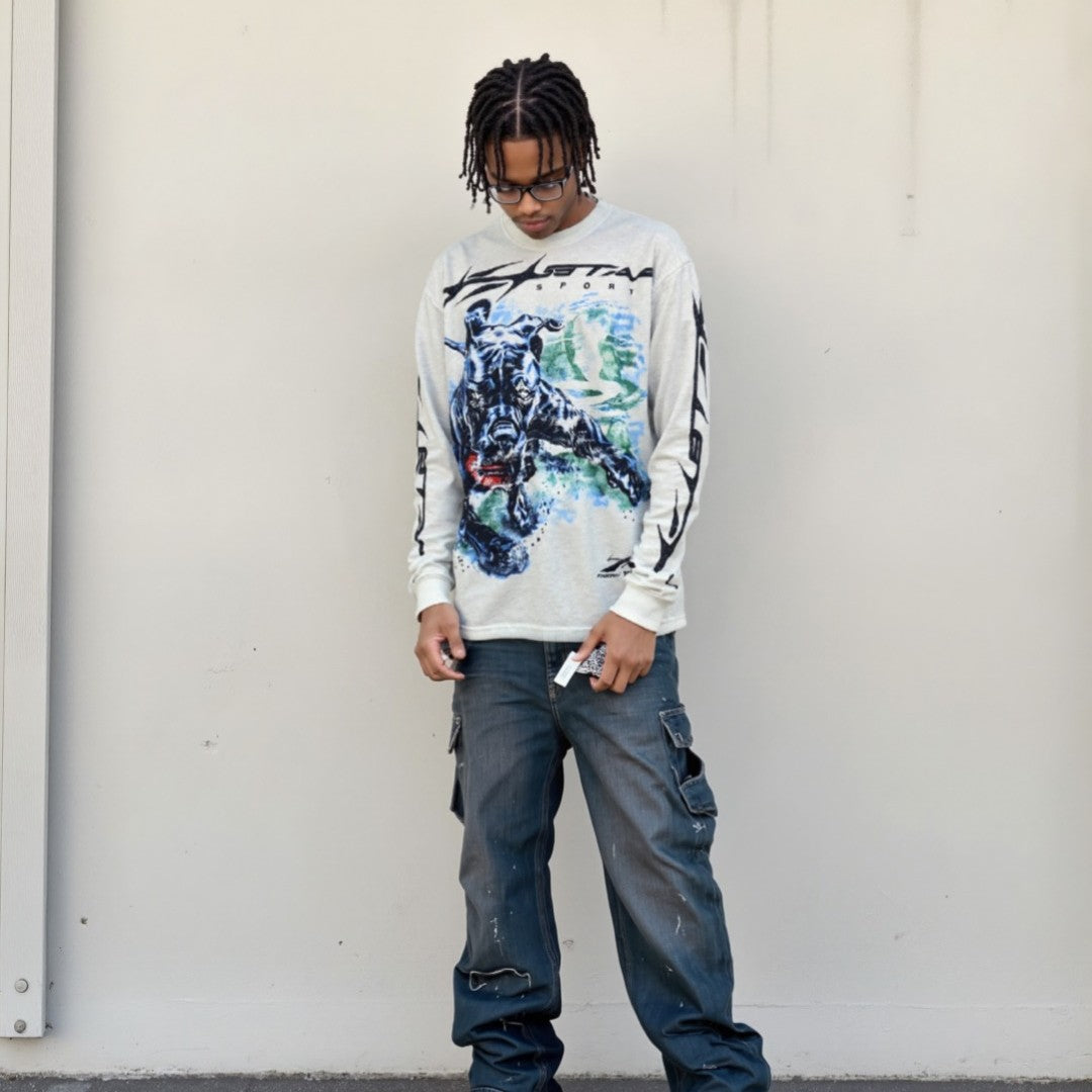 HELLSTAR ヘルスター ブルドッグ アートプリント 長袖Tシャツ ミルキーホワイト