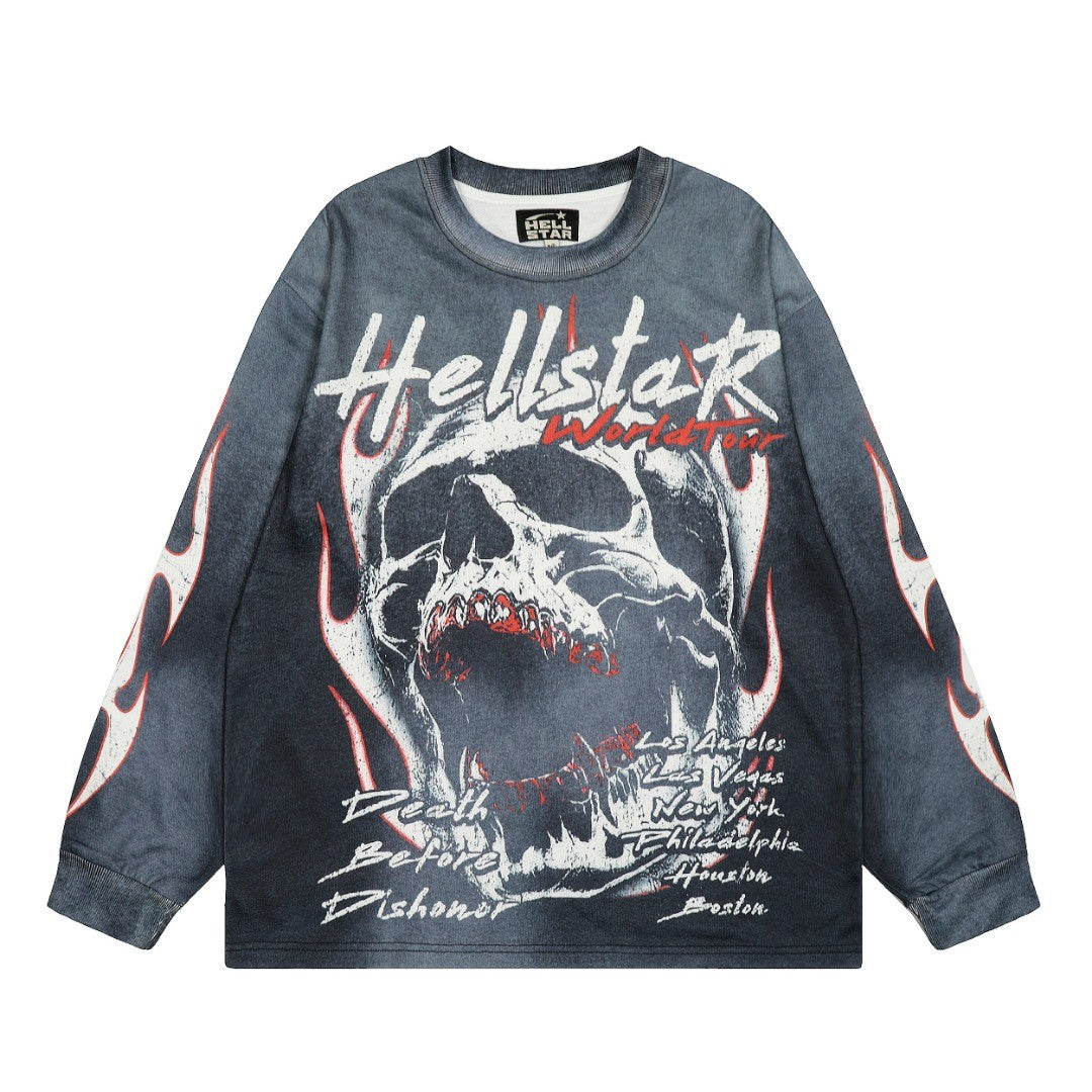 HELLSTAR ヘルスター スカル×フレイムプリント オーバーサイズ 長袖トップス グレー/ブラック