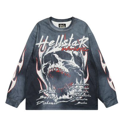 HELLSTAR ヘルスター スカル×フレイムプリント オーバーサイズ 長袖トップス グレー/ブラック
