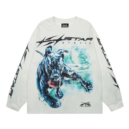 HELLSTAR ヘルスター ブルドッグ アートプリント 長袖Tシャツ ミルキーホワイト