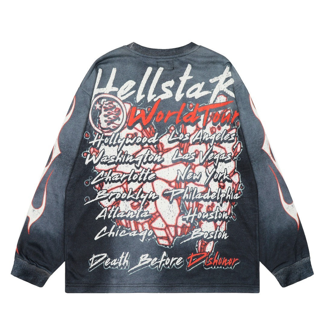 HELLSTAR ヘルスター スカル×フレイムプリント オーバーサイズ 長袖トップス グレー/ブラック