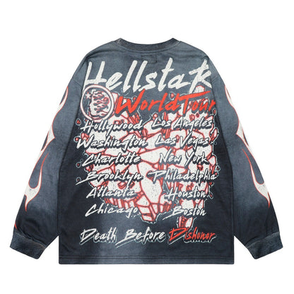 HELLSTAR ヘルスター スカル×フレイムプリント オーバーサイズ 長袖トップス グレー/ブラック