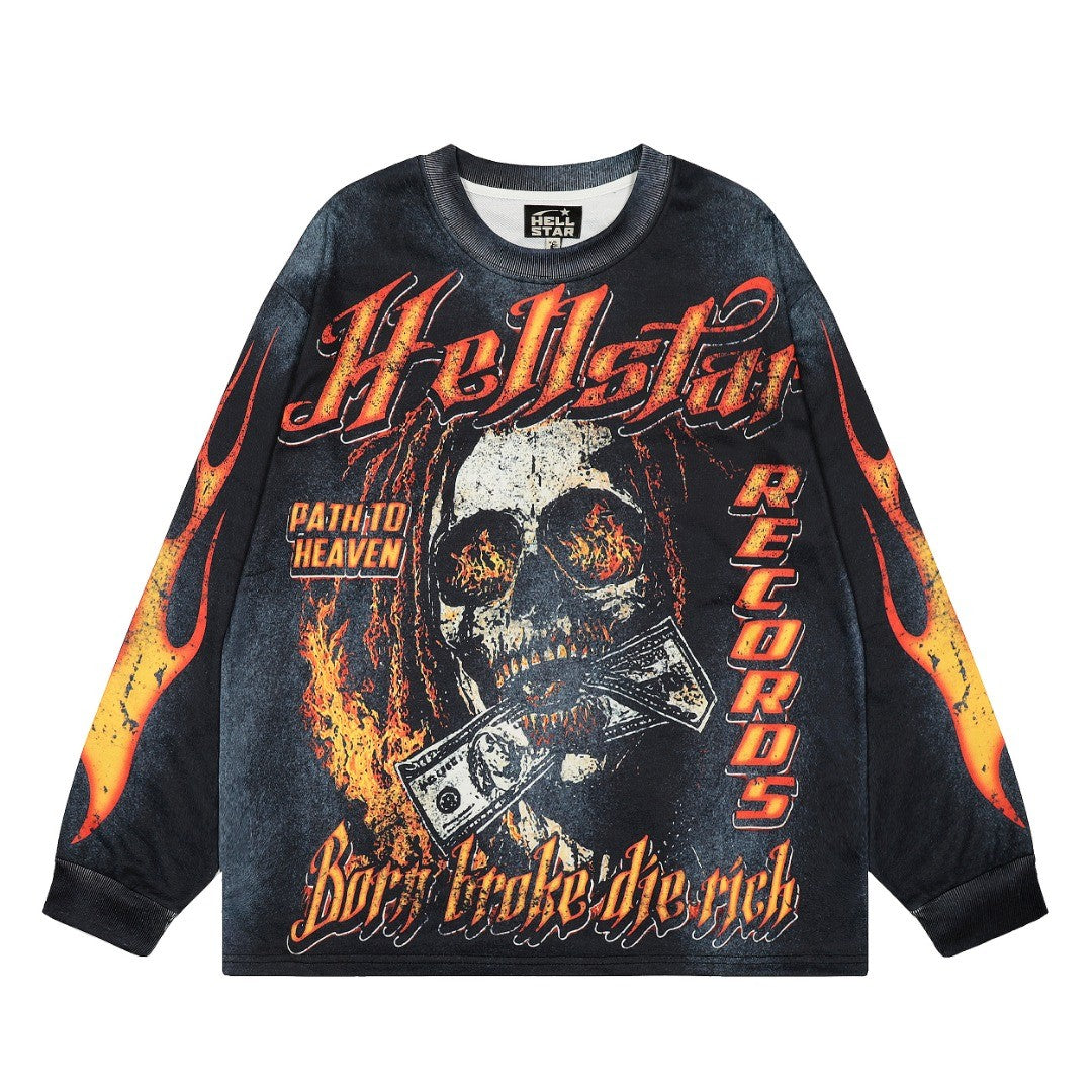 HELLSTAR ヘルスター スカルプリント クルーネック 長袖スウェット ブラックウォッシュ