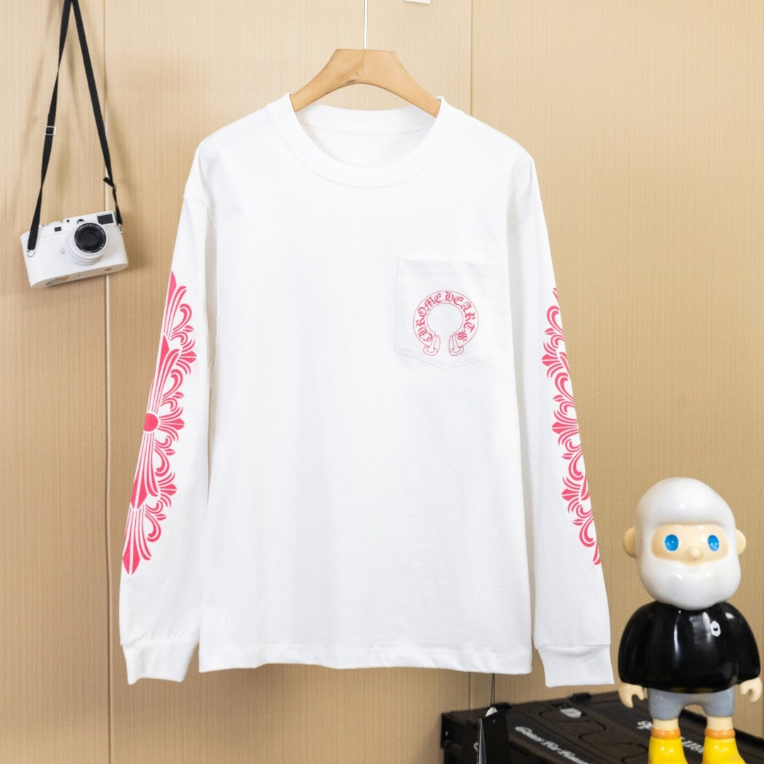 CHROME HEARTS クロムハーツ ウォッシュ加工 立体プリント ロングスリーブTシャツ ホワイト