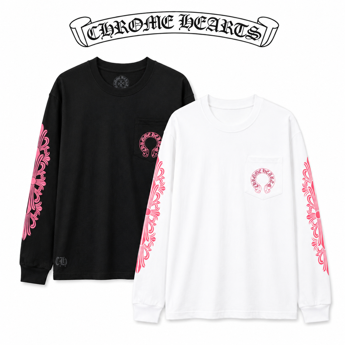 CHROME HEARTS クロムハーツ ウォッシュ加工 立体プリント ロングスリーブTシャツ ホワイト