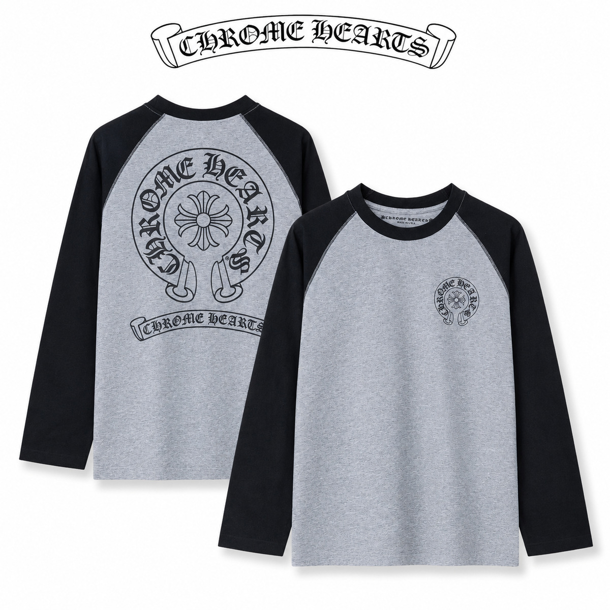 Chrome Hearts クロムハーツ 長袖Tシャツ ウォッシュ加工 立体プリント 杢グレー×ブラック
