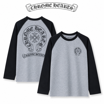 Chrome Hearts クロムハーツ 長袖Tシャツ ウォッシュ加工 立体プリント 杢グレー×ブラック