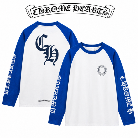 CHROME HEARTS クロムハーツ ウォッシュ加工 立体プリント ロングスリーブTシャツ ホワイト×ブルー