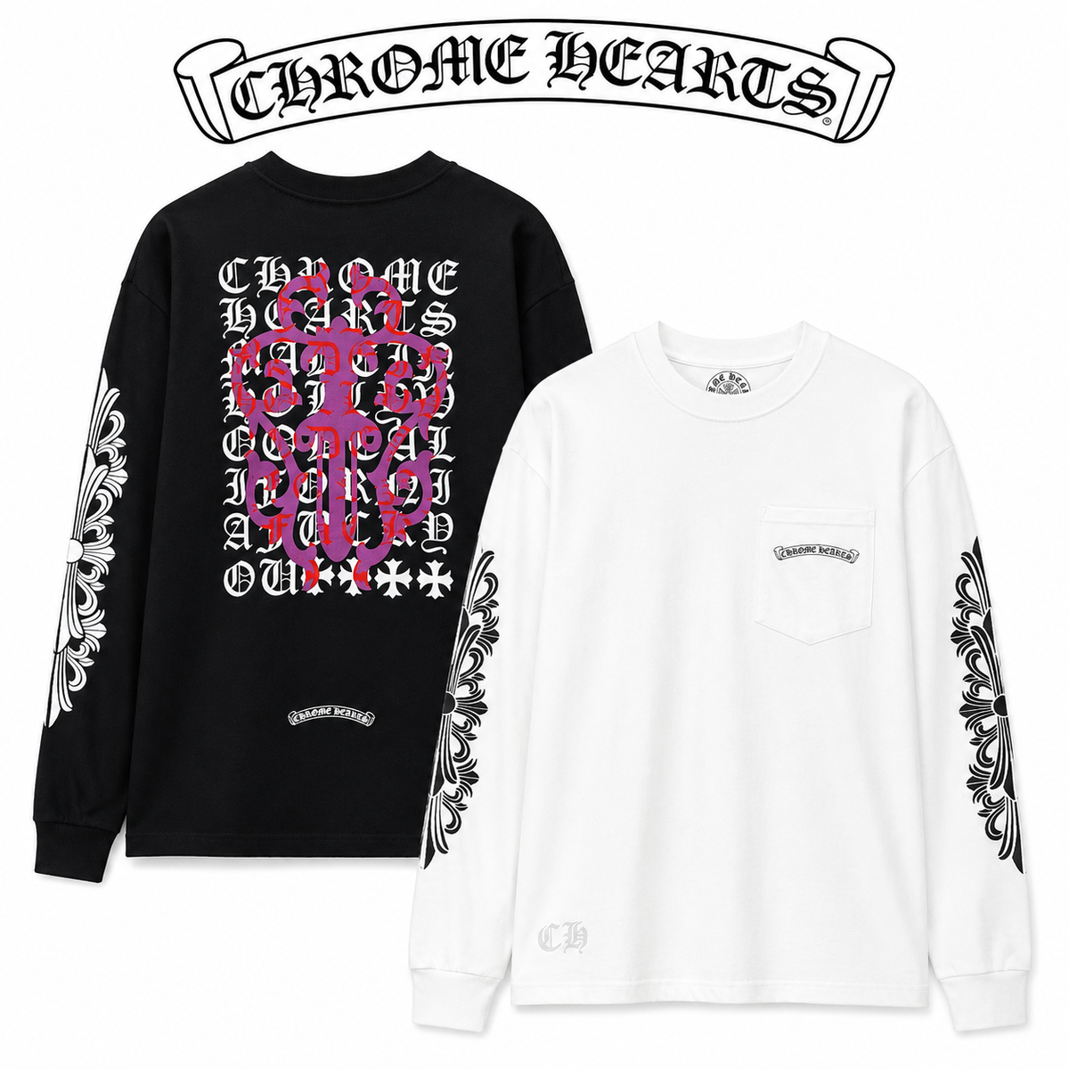 CHROME HEARTS クロムハーツ 手の込んだウォッシュ加工 立体プリント 長袖Tシャツ
