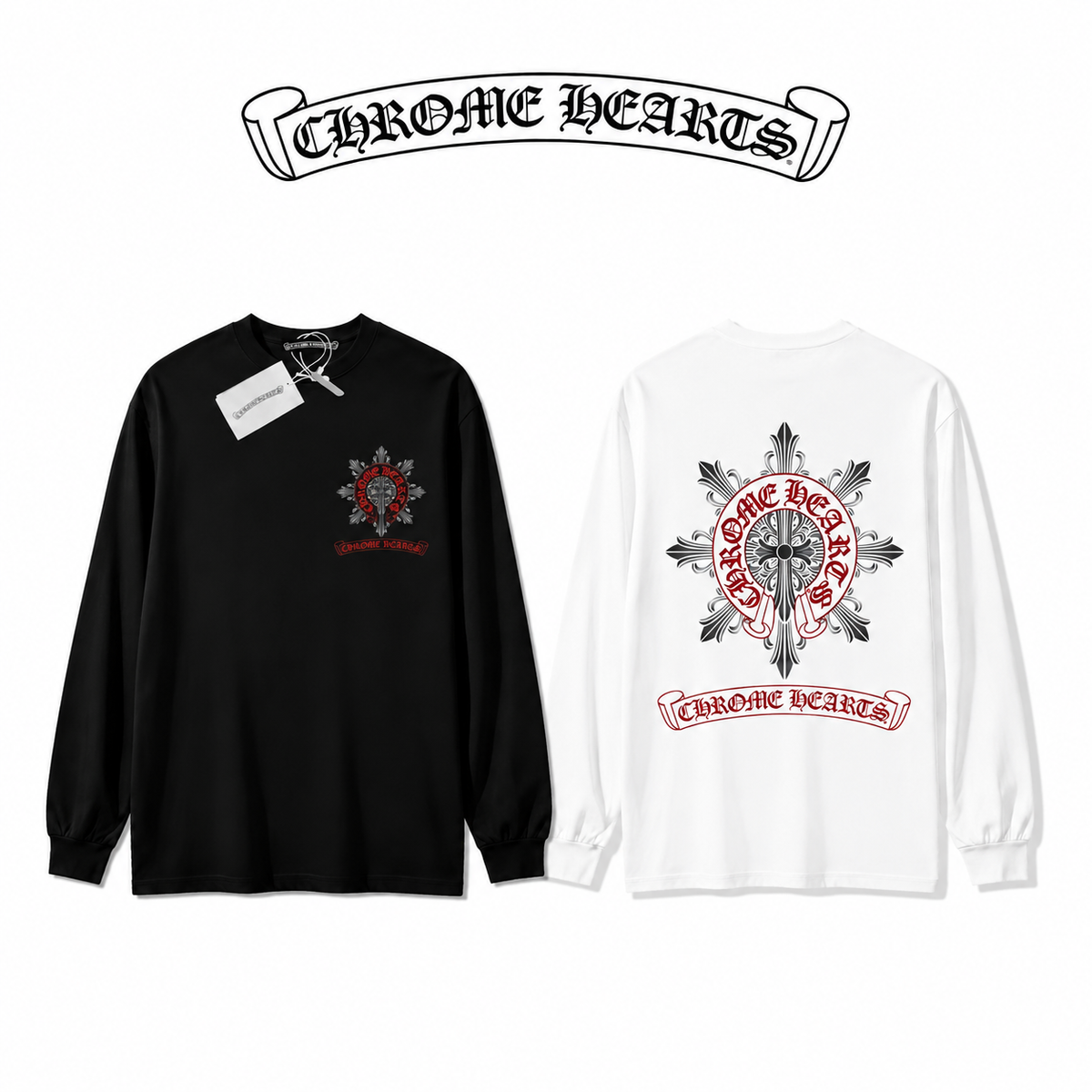 Chrome Hearts クロムハーツ ブラッククロス/ホースシュー 長袖Tシャツ ブラック/ホワイト