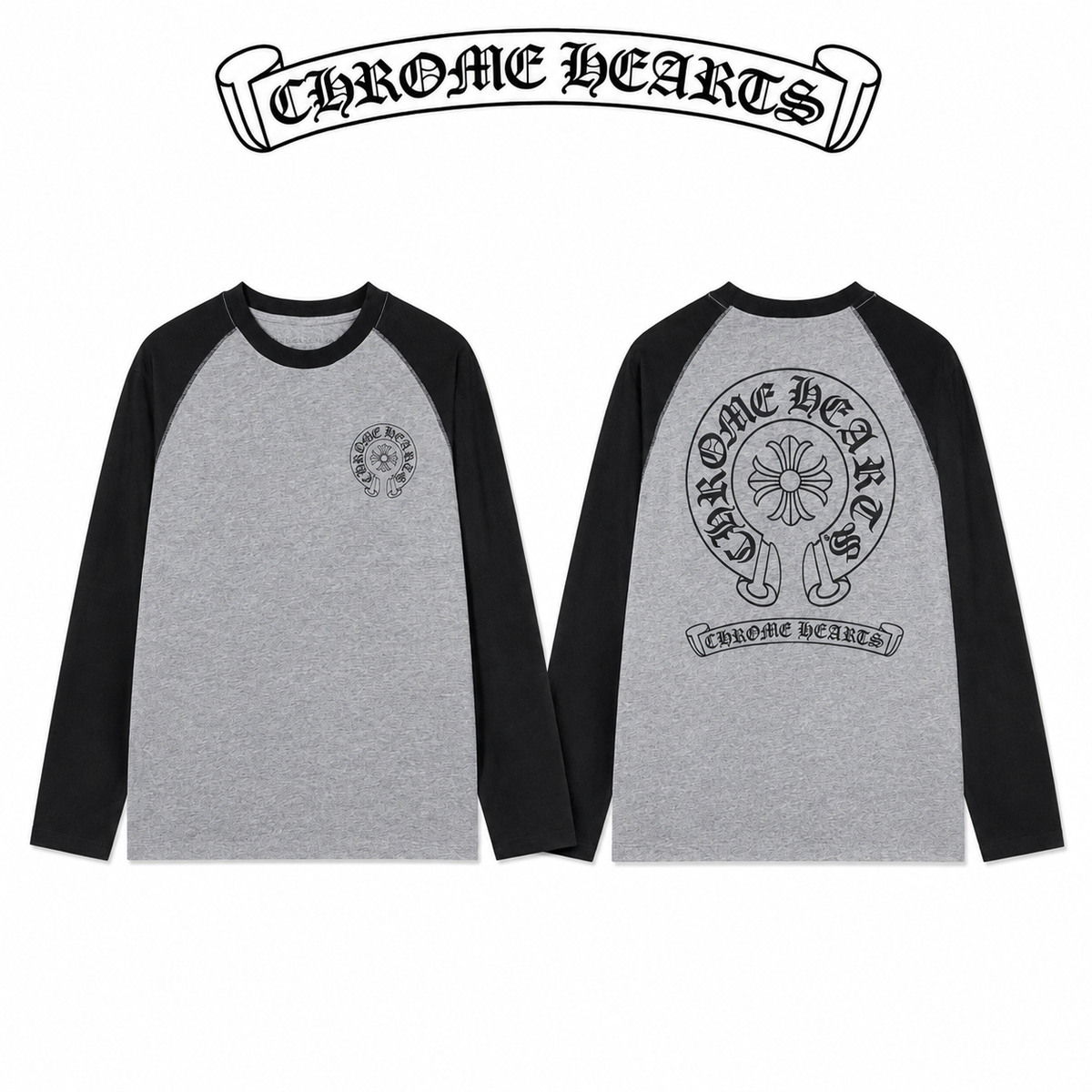 CHROME HEARTS クロムハーツ 26SS 春夏新作 配色ラグランスリーブ ユニセックス オーバーサイズ 長袖Tシャツ 杢グレー×ブラック