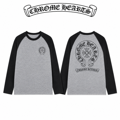 CHROME HEARTS クロムハーツ 26SS 春夏新作 配色ラグランスリーブ ユニセックス オーバーサイズ 長袖Tシャツ 杢グレー×ブラック