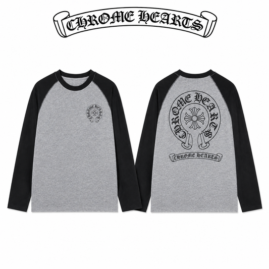 CHROME HEARTS クロムハーツ 26SS 春夏新作 配色ラグランスリーブ ユニセックス オーバーサイズ 長袖Tシャツ 杢グレー×ブラック