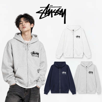 STUSSY スタシー 香港限定プリント ユニセックスジッパーフードジャケット ホワイト/ネイビー/グレー