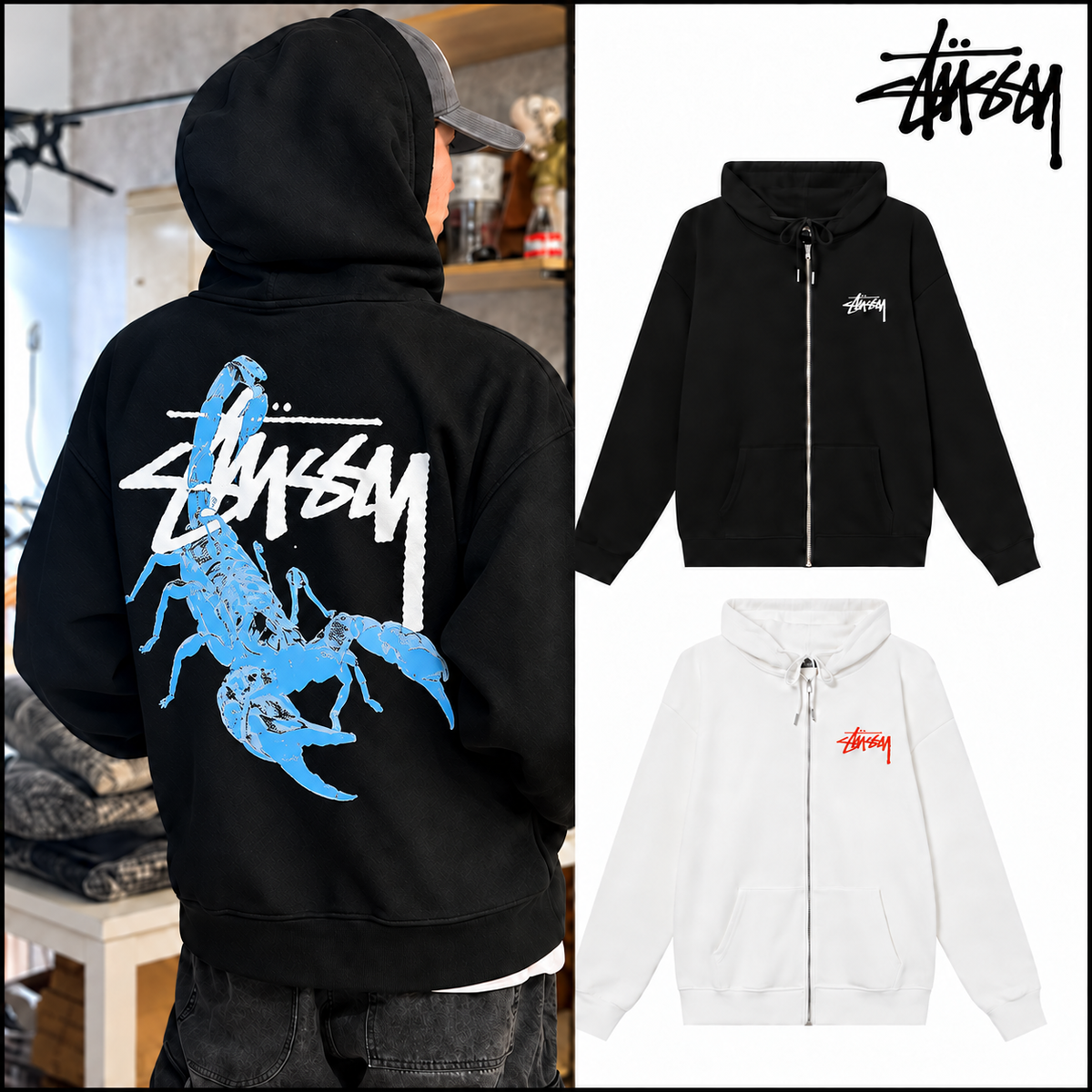 STUSSY ステューシー HN317 スコーピオン バックプリント ジップアップ パーカー フーディー ブラック/ホワイト 男女兼用