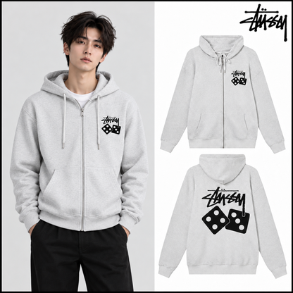 STUSSY 「7」＆サイコロ柄プリント ジップアップパーカー HN315 グレー（ユニセックス）