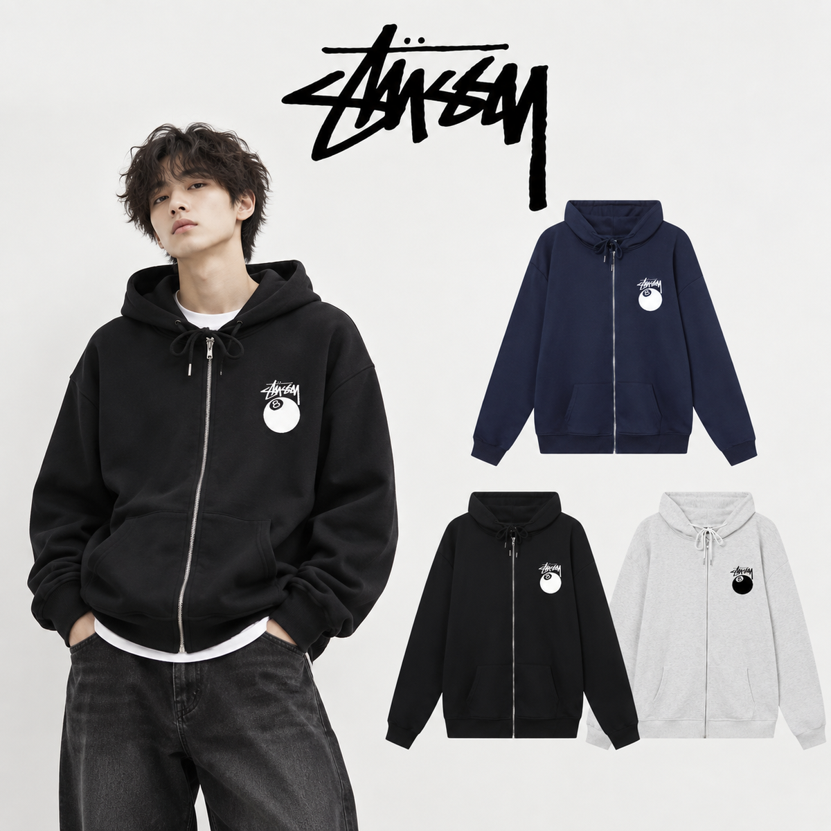 STUSSY スタシー ブラック8シリーズ ブラック8パターンプリント 男女兼用 フード付きフルジップジャケット