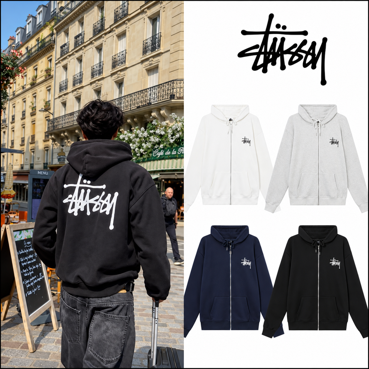 STUSSY スタッシー クラシックプリント 男女兼用 フード付きジッパージャケット HN316 ブラック/ホワイト/ネイビー/グレー