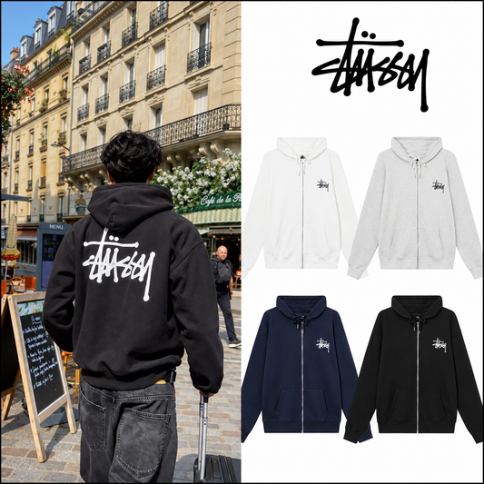 STUSSY スタッシー クラシックプリント 男女兼用 フード付きジッパージャケット HN316 ブラック/ホワイト/ネイビー/グレー