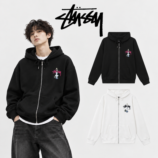 Stussy スタッシーファンタジー サイケデリック プリント ユニセックス フード付き ジッパー ジャケット ホワイト/ブラック