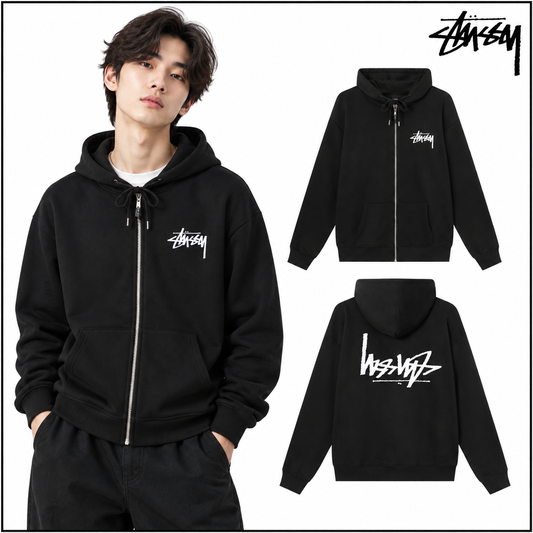 STUSSY スタシー リバースレタープリント 男女兼用 フーデッドジップアップパーカー HN303 ブラック/ホワイト/グレー/ネイビー
