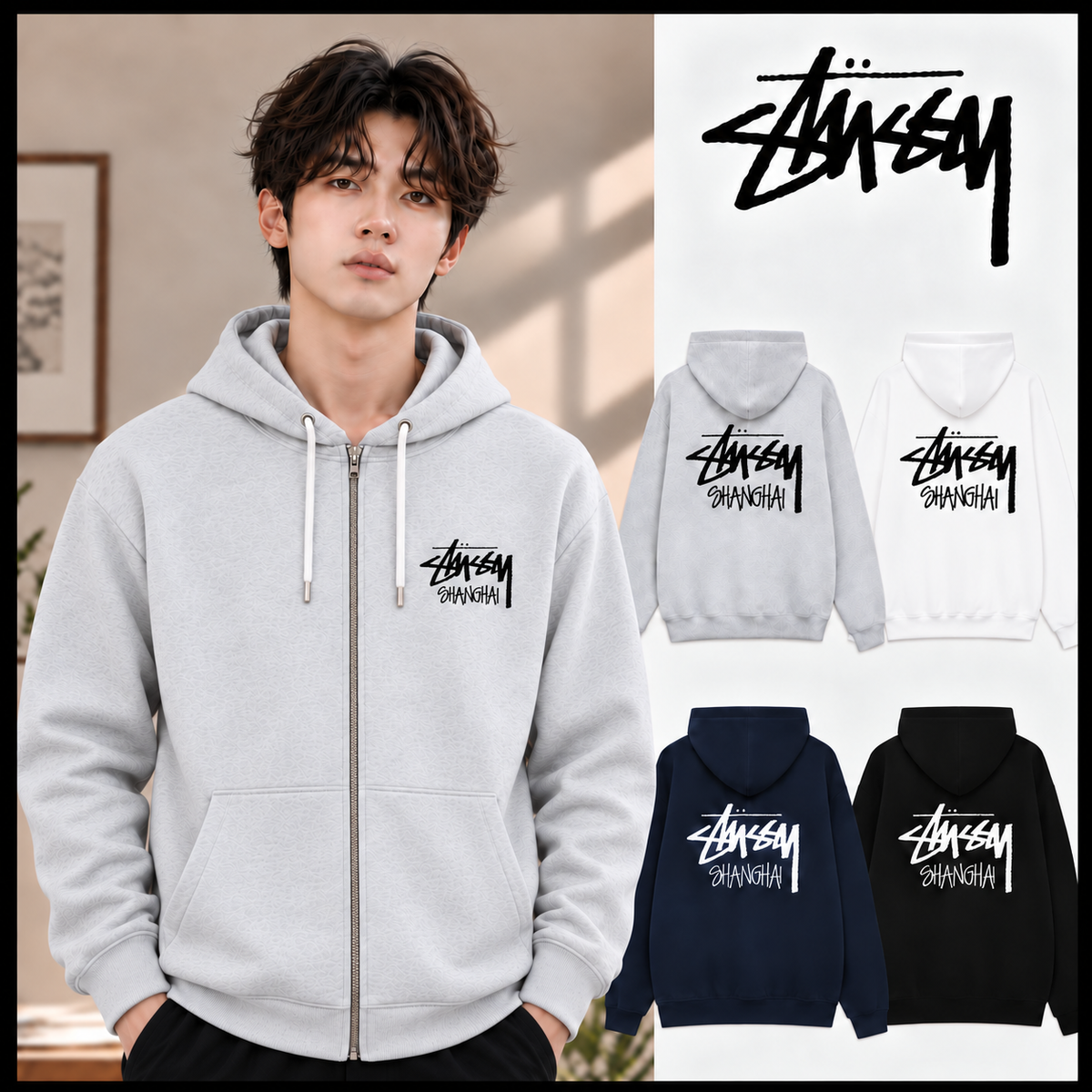 STUSSY スタッシー シティーシリーズ 上海限定 背面プリント 男女兼用 ジップアップフーディージャケット HN319 ブラック/ホワイト/ネイビー/グレー