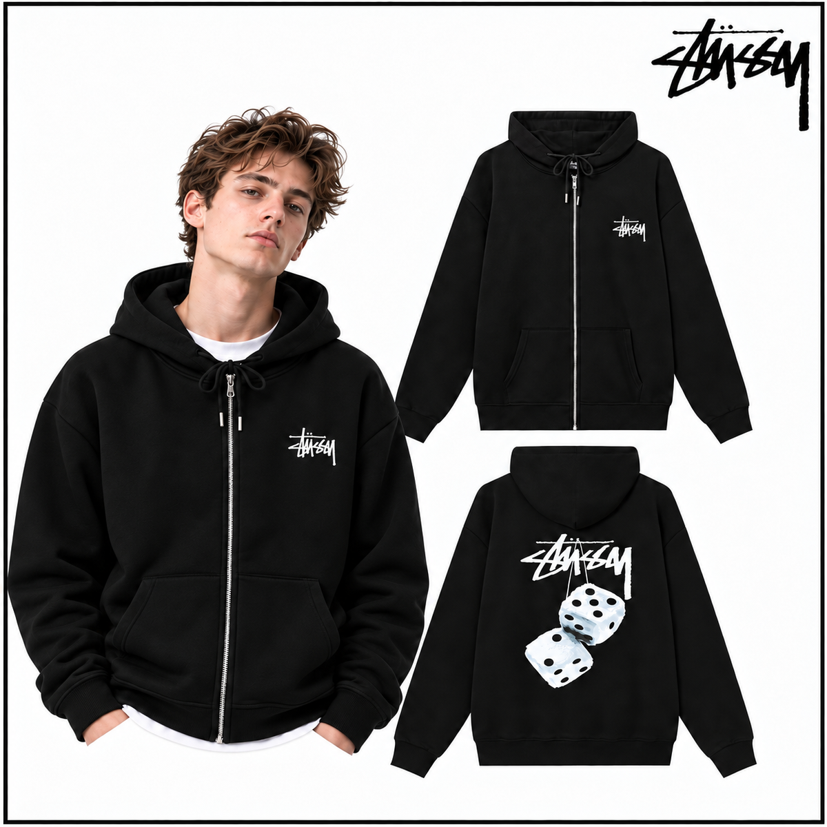 STUSSY スタシー 骰子字母印花 男女同款 拉链连帽外套 HN305 ブラック/ホワイト/ネイビー/グレー