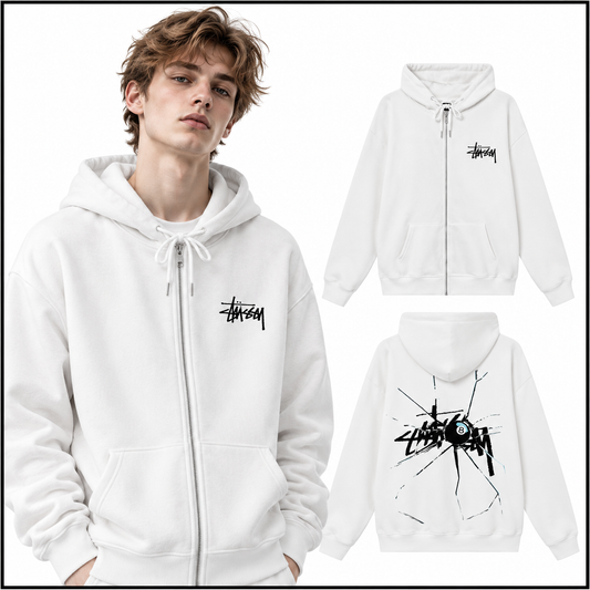 STUSSY スタッシー 破碎黑8图案字母印花男女拉链连帽外套 HN306 ブラック/ホワイト