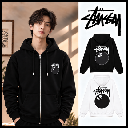 STUSSY スタッシー ブラック8シリーズ プリント 男女兼用 ジップアップフーデッドジャケット HN321 ブラック/ホワイト