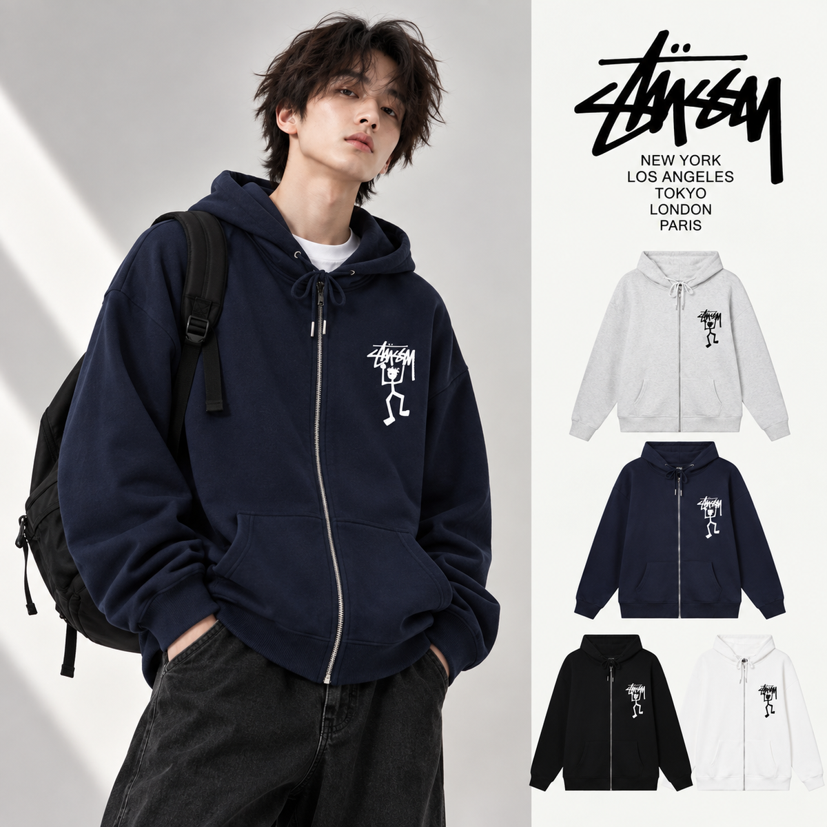 STUSSY スタシー マッチスティックマンデザインプリント 男女兼用 フーデッドジップアップスウェットシャツ