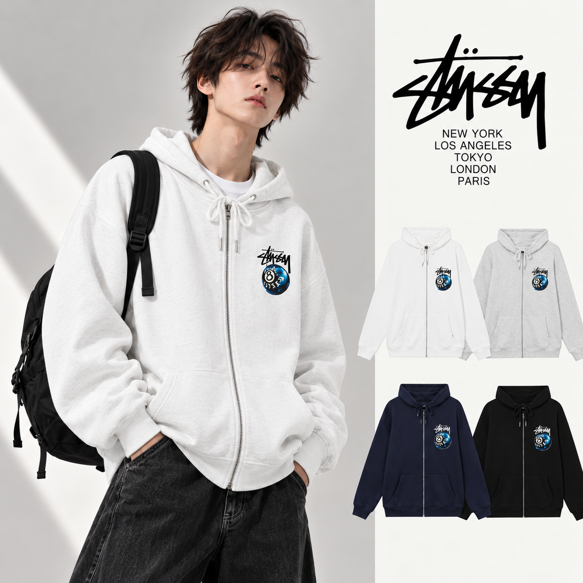 STUSSY スタッシー コラボレーションシリーズ 黑8プリント 男女兼用 フーデッドジャケット